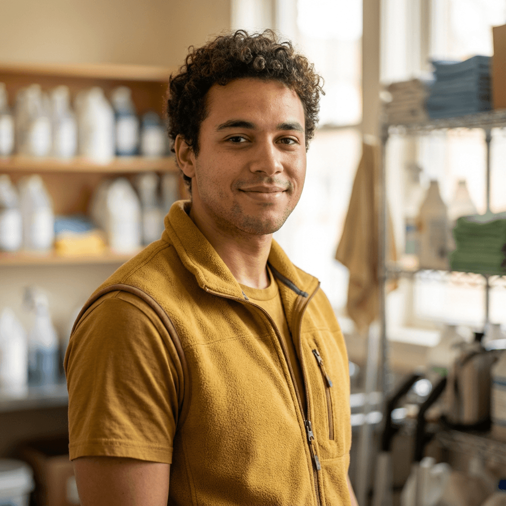 Portrait of a male mechanic in his mid 30s, White, with a friendly and confident expression, in an auto repair shop