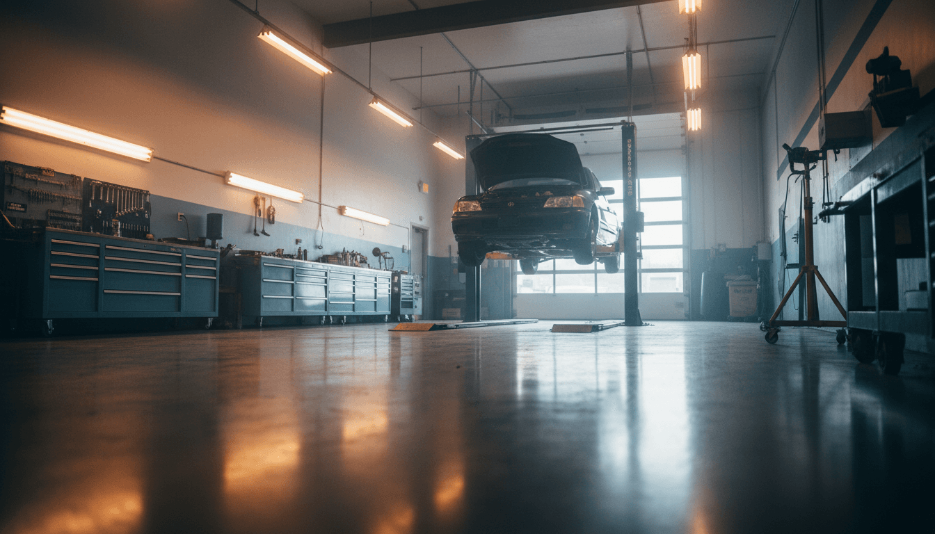Clean modern auto repair shop with a car on a lift ready for service