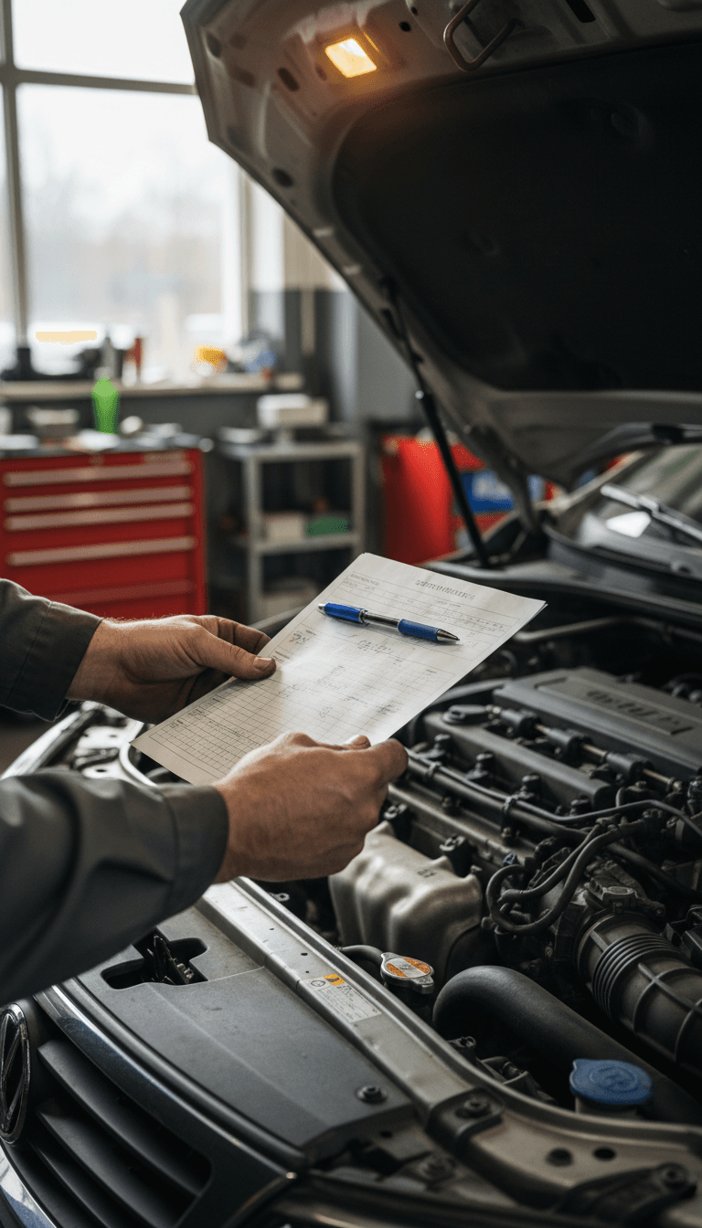 Mechanic reviewing an estimate next to an open car hood