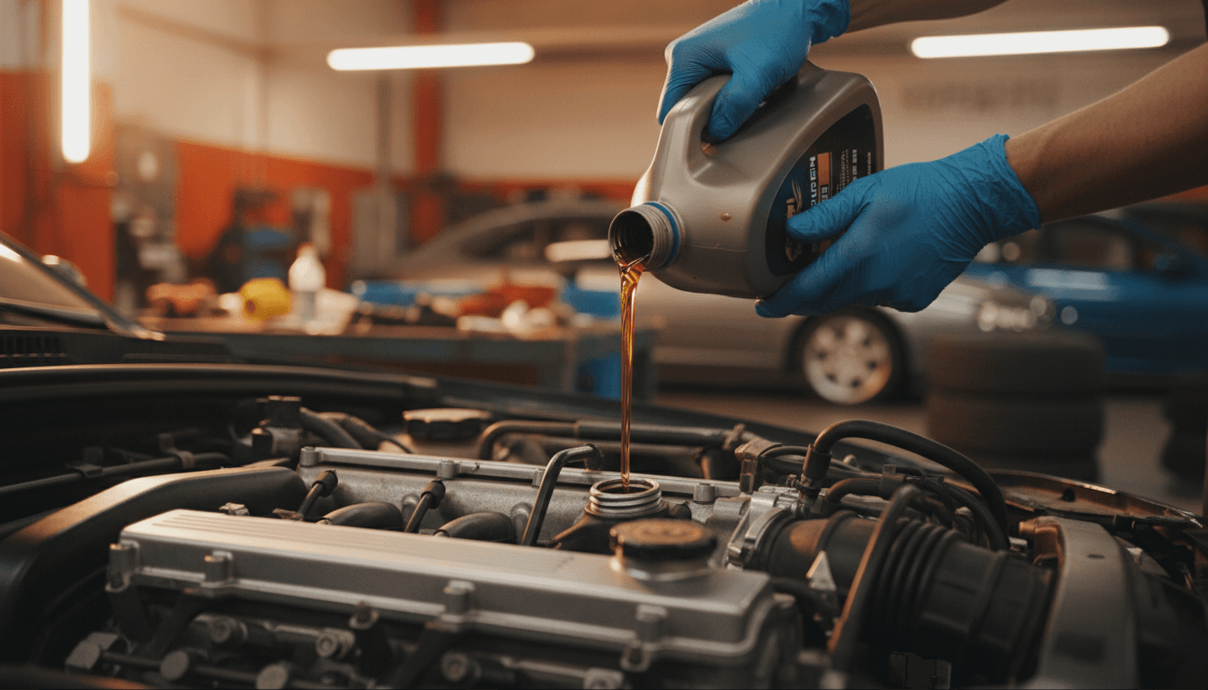 Technician pouring motor oil into an engine
