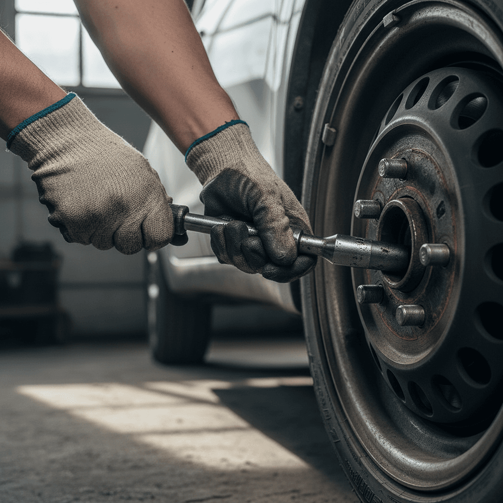 Mechanic tightening a lug nut on a car wheel in a garage