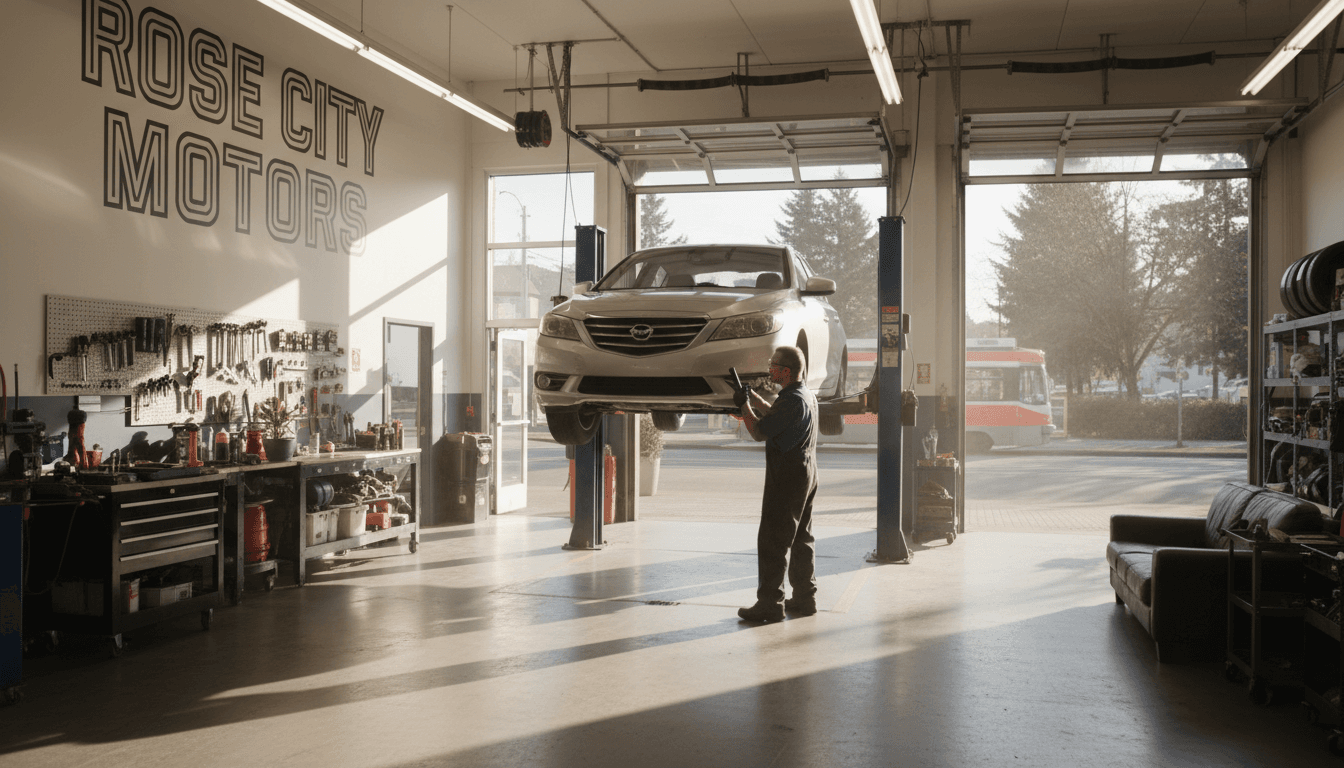 Modern auto repair shop with a car on a lift