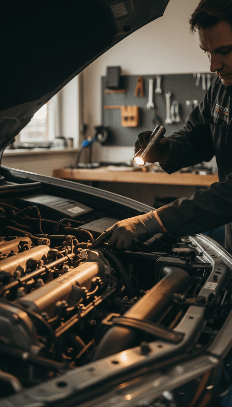 Mechanic's hands inspecting a vehicle's engine bay with a flashlight in a Portland auto repair shop