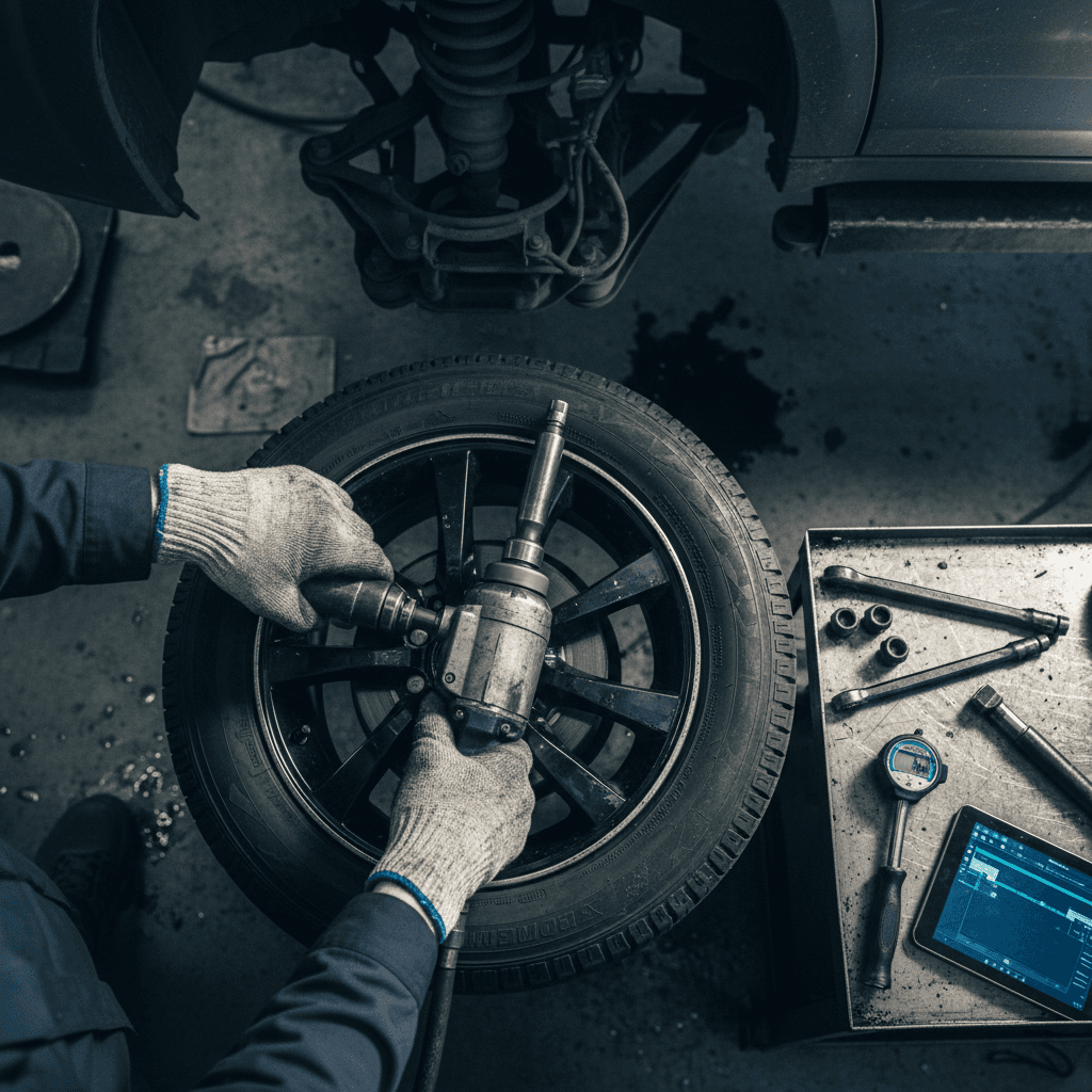 Mechanic tightening wheel lug nuts with a torque wrench