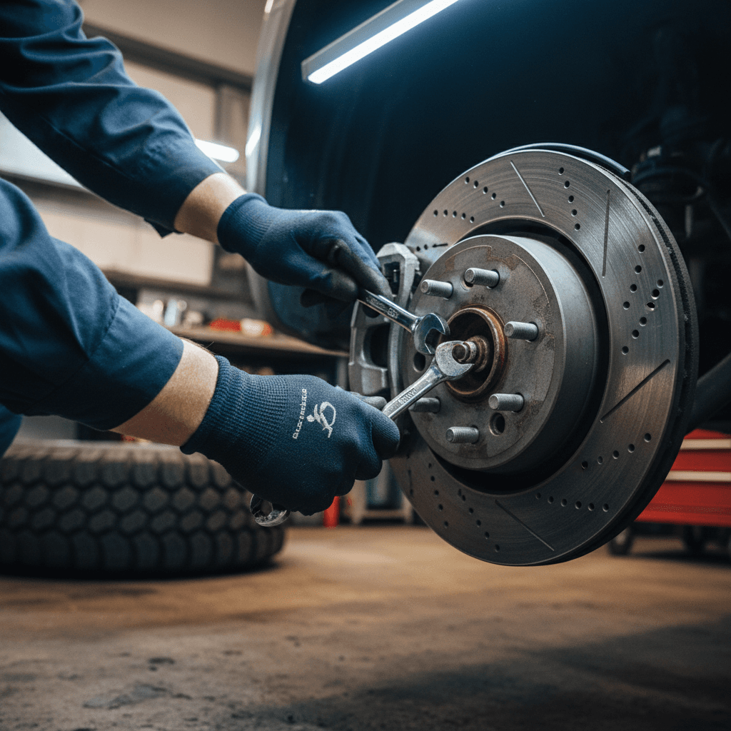Mechanic's gloved hands inspecting a worn brake rotor