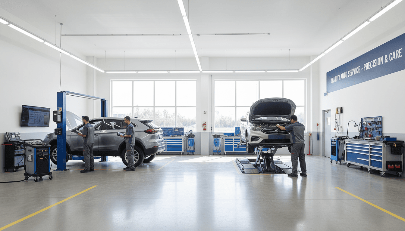 A mechanic in a well-lit auto repair shop in Portland, Oregon, smiling while handing car keys to a customer, with a vehicle on a lift in the background, warm and inviting atmosphere, photorealistic style
